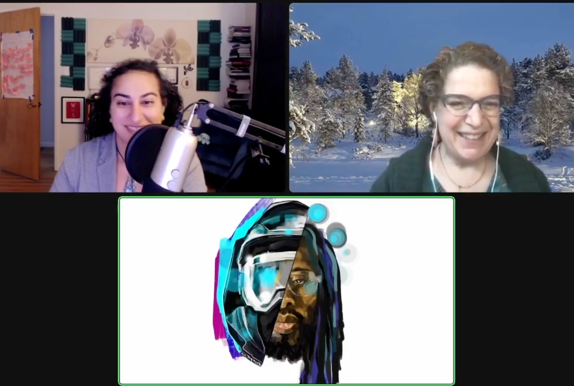 Screenshot of a Zoom meeting with three participants. At the top left is Alex Hanna, an Arab woman with curly black hair. She sits in front of a large podcasting microphone, and wears a gray sweater. The wall behind her is filled with art. On the top right is Emily M. Bender, a white woman with curly brown hair. She wears glasses and a green shirt. The image behind her is of snow-covered conifer trees under a night sky. At the bottom is Chris Guillard, who is represented by an illustrated avatar. One half of his face is a portrait of a Black man with long black and blue locs, glasses, and a short beard. The left half of his face is covered in a cyberpunk-like mask with goggles and neon blue highlights.