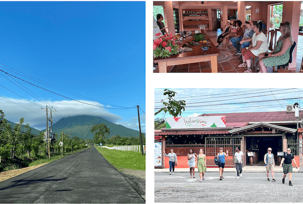 Left: photo of a road in Costa Rica surrounded by trees and leading to a cloud-covered mountain under a blue sky. Top right: photo of the DAIR team in a meeting in a cozy-looking living space with pink walls. Bottom right: photo of the DAIR team crossing the street in front of a small building with orange walls and a pink roof.