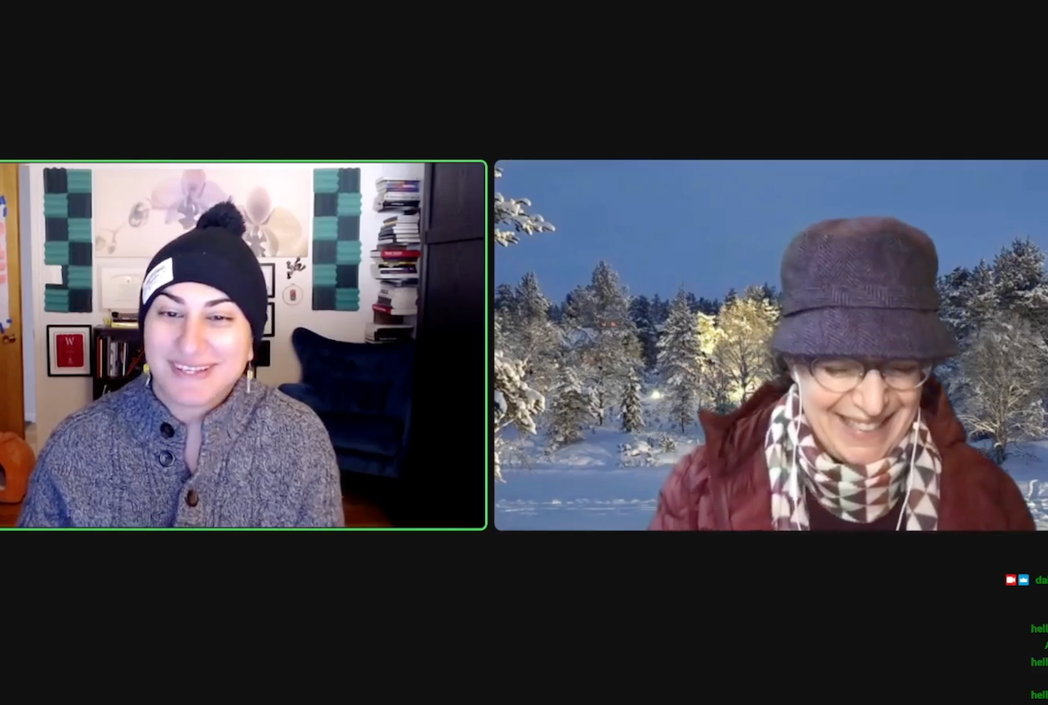 Screenshot of a Zoom meeting with two participants. On the left is Alex Hanna, an Arab woman wearing a black knit cap with a pom-pom on top. She is also wearing a gray, button-up sweater. The wall behind her is covered in art. On the right is Emily M. Bender, a white woman wearing a felted round hat. She wears glasses, a white and red patterned scarf, and a puffy red jacket. In the background is a photo of snow-covered conifer trees under a night sky.
