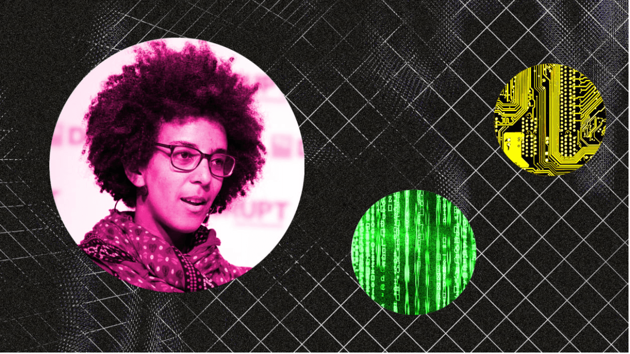 Screenshot of an image from the linked Fast Company article in the description. The image has 3 circles, the first circle has a photo of Timnit, the 2nd is a green circle and the 3rd is a yellow circle that looks like it has circuitry. The background is black, with what looks like a fence. 