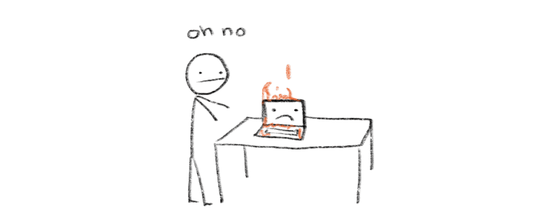 A stick figure gesturing at a laptop that's on fire, exclaiming "oh no"