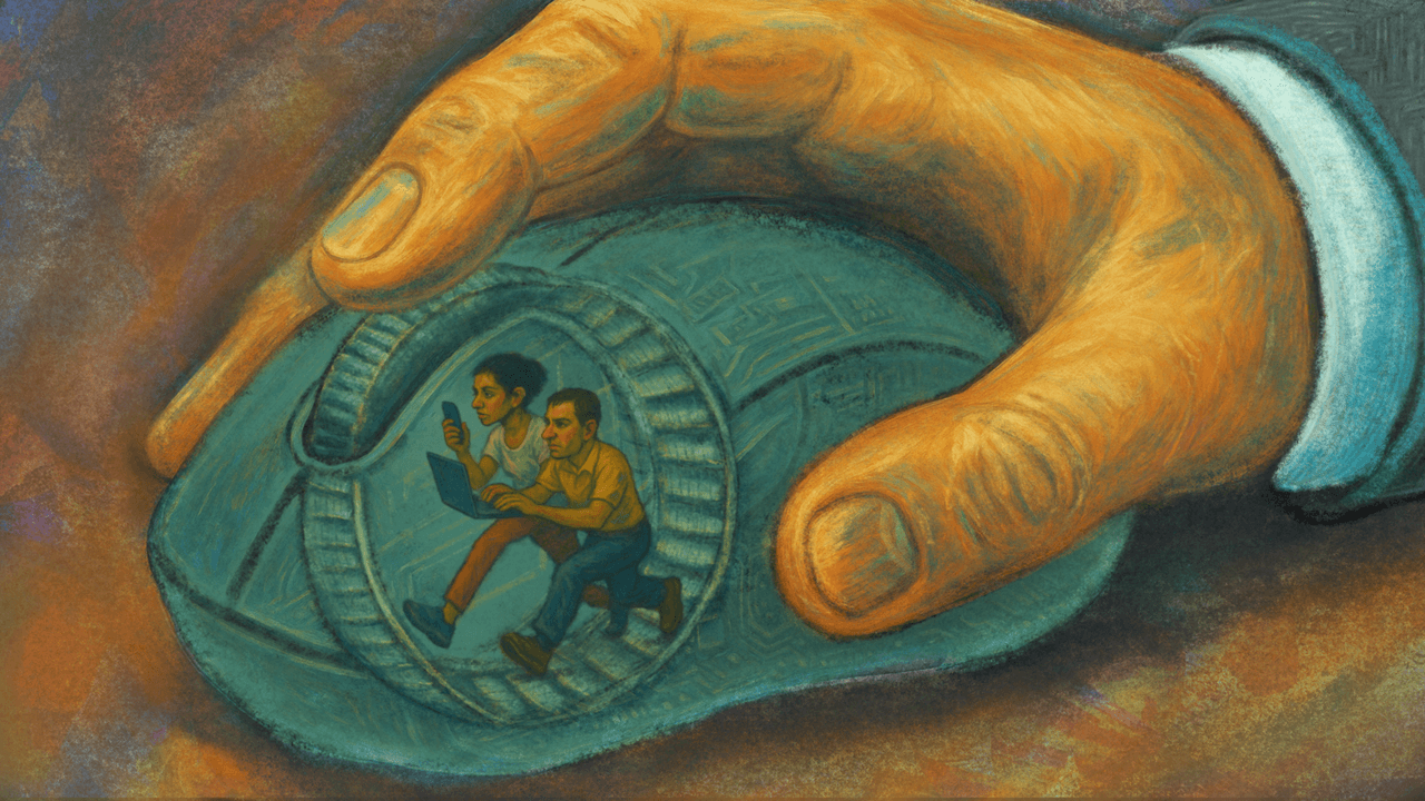 Painting of two knowledge workers, running inside a wheel embedded within a computer mouse, struggling to keep pace as a powerful hand (representing employers or capitalistic forces).The image reveals that despite AI and digital adoption, rising productivity expectations often trap workers into producing more with less. Rather than easing labour, AI technologies risks raising the baseline demands, accelerating the pace of work under the illusion of progress. This image was selected as a winner in the Digital Dialogues Art Competition, which was run in partnership with the ESRC Centre for Digital Futures at Work Research Centre (Digit) and supported by the UKRI ESRC.o