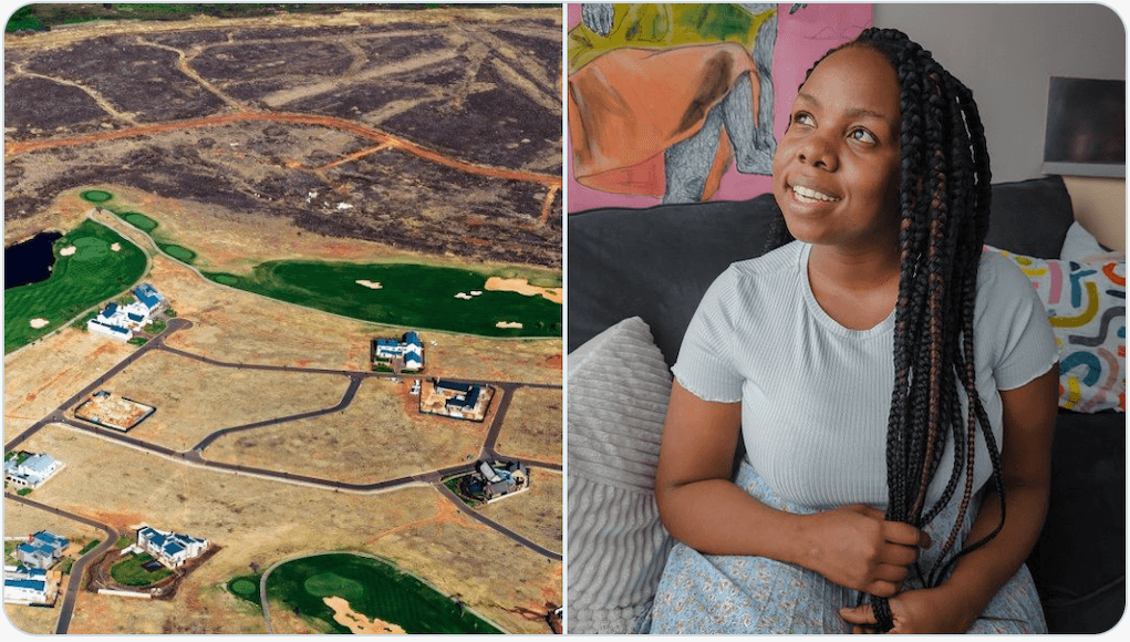 Top-view image of townships on the Left. DAIR Fellow Raesetja Sefala pictured on the right, seated and looking left..