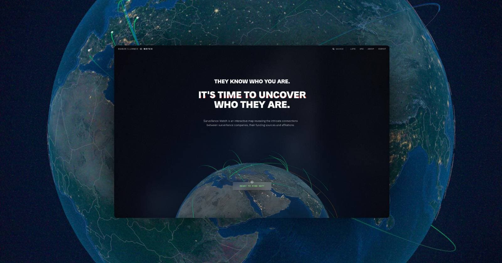 Digital rendering of the globe, centered on the Atlantic Ocean. Tiny green lines connect different countries, representing the network of entities conducting and profiting from surveilling and selling people's data.