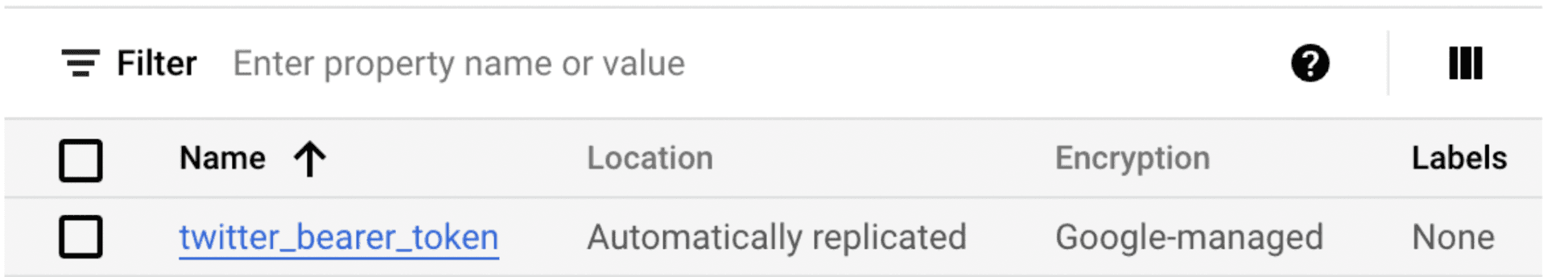 A screenshot of the google cloud console secret manager. There is a secret called "twitter_bearer_token" selected.