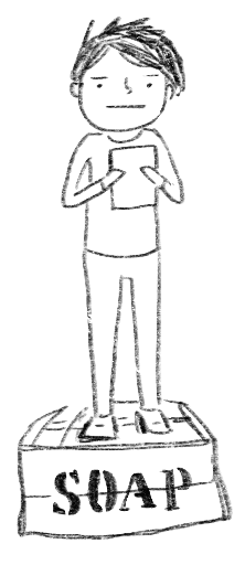 A person standing on a box labeled "soap", as in, on a soapbox.