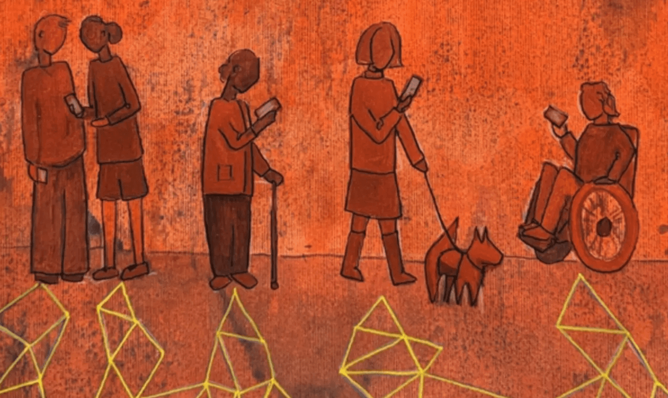 An image by Jamillah Knowles & Reset.Tech Australia / Better Images of AI / People with phones / CC-BY 4.0 It shows a bunch of people walking, standing in a wheel chair, all looking at their phones. The image is brown in color.