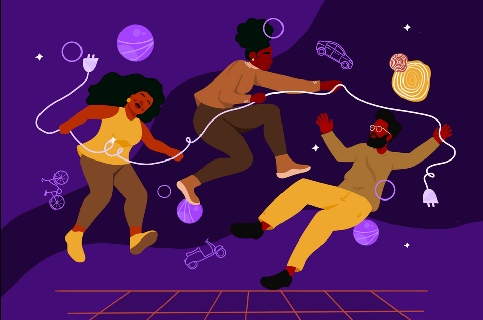 Illustration of three dark-skinned people against an abstract, purple background. The figures are, from left: a woman with long black hair, wearing a yellow short-sleeved top; a woman with black hair piled on top of her head, wearing a tan sweater and olive green pants; a man with a black beard and glasses, wearing a beige sweater and yellow pants. The three figures are all holding a long extension cord that drapes across the whole image, and they all seem to be floating as if in space.