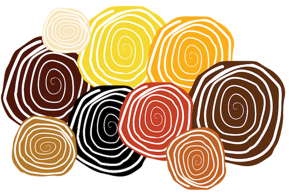 Circular swirls of different sizes in DAIR colors: dark brown, light brown, red, orange, yellow, cream.