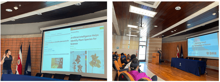 On the left, Professor Jose Carranza presents his team’s work on artificial intelligence for the identification of plants in the journal Nature and on the NVIDIA technical blog in an auditorium at Tecnológico de Costa Rica. On the right, Research Fellow Dylan Baker presents their talk on “Thinking About Our Technological Future” in the same auditorium.