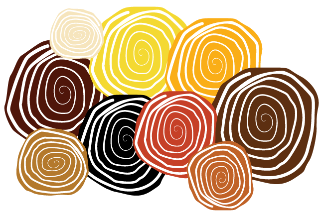 Circular swirls with DAIR colors (black, brown, yellow, red, orange) 