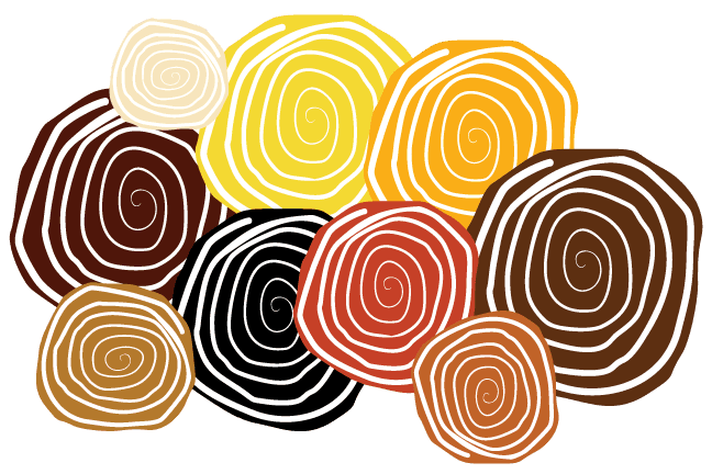 Circular swirls with DAIR colors (black, brown, yellow, red, orange) 