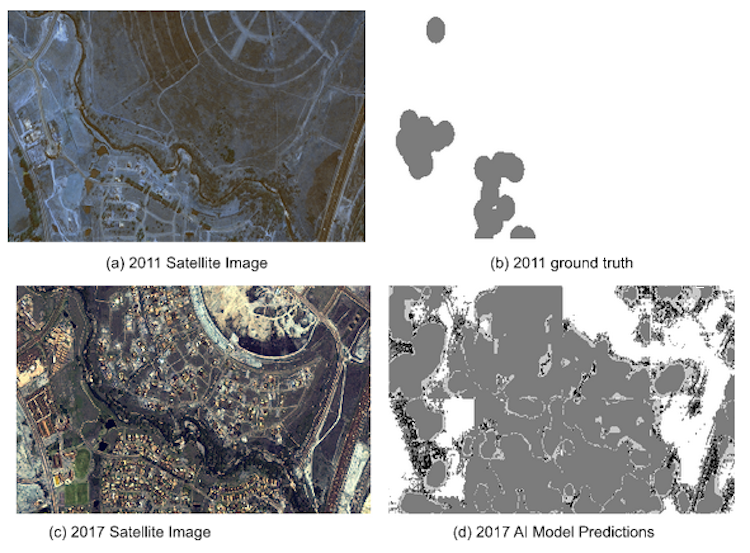 A screenshot from Raesetje’s presentation. There are four panels. The top right caption reads “2011 Satellite image” and shows a satellite image of a city in South Africa, with both densely-populated townships and sparsely populated suburbs. In the bottom right caption reads “2017 Satellite image” and is similar to the 2011 image, but is much more densely populated. In the top left, the caption reads “2011 ground truth” and has several gray circles, marking townships in the image on the right. The bottom left caption reads “2017 AI model predictions” and features many more gray circles which correspond with the dense townships in the image to its right.