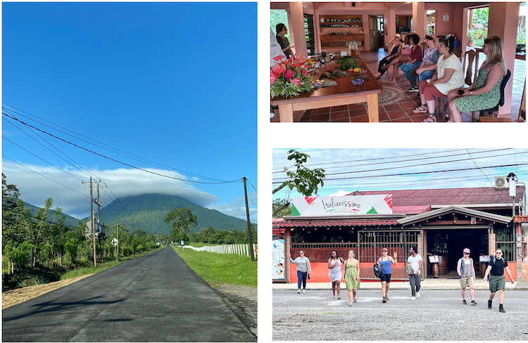 On the left, the volcano La Fortuna pictured in the distance down a road. A ring of clouds surrounds the top. In the top right, members of the DAIR team sit attentively in front of a broad table filled with different herbs and roots in a herbal medicine workshop. In the bottom right, members of the DAIR team are looking particularly touristy, crossing a road in front of an Italian restaurant.