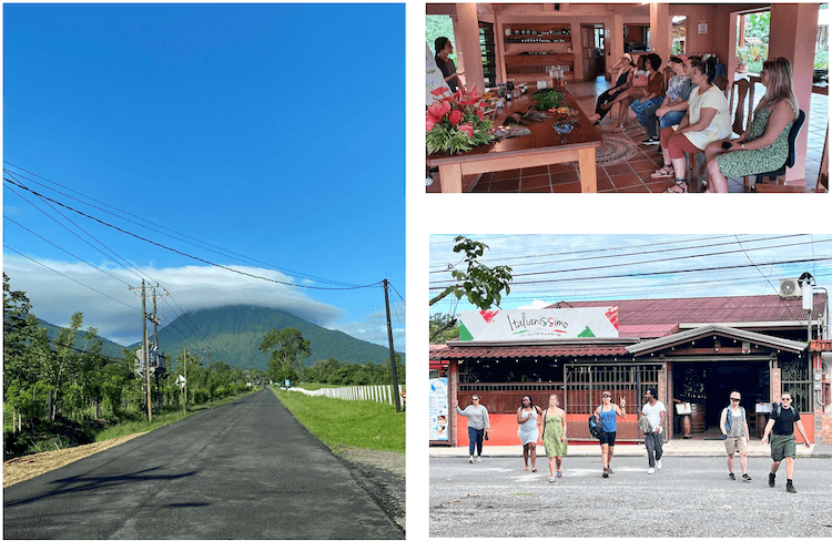 On the left, the volcano La Fortuna pictured in the distance down a road. A ring of clouds surrounds the top. In the top right, members of the DAIR team sit attentively in front of a broad table filled with different herbs and roots in a herbal medicine workshop. In the bottom right, members of the DAIR team are looking particularly touristy, crossing a road in front of an Italian restaurant.