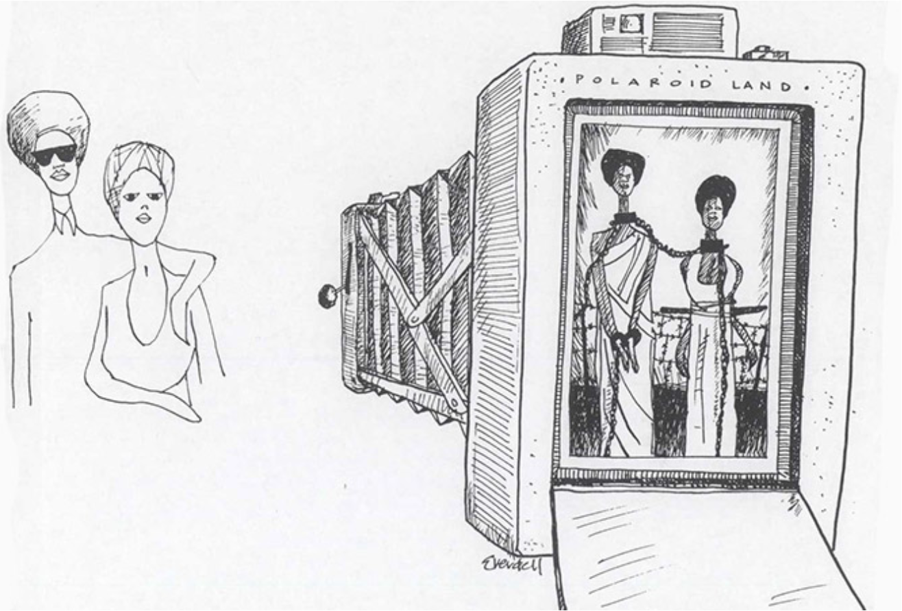 The illustration in the linked Dissent Magazine article. It is a sketch in black and white, where there is a couple on the one side, with one of them wearing sunglasses and both wearing head gear. On the right is an image as seen through "Polaroid Lnad" of two women shackled. 