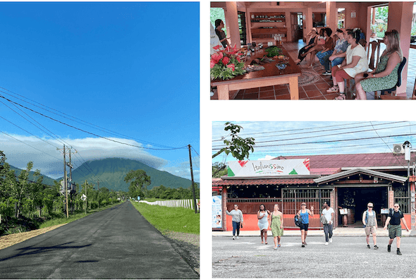 3 photos: first is a photo of a road surrounded by greenery, blue skies and a mountain, 2nd photo is a subset of the dair team sitting around a table watching a presenter, in an open sapce with pinkish walls, 3rd is a subset of the DAIR team crossing the street.