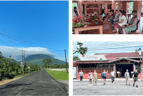 3 photos: first is a photo of a road surrounded by greenery, blue skies and a mountain, 2nd photo is a subset of the dair team sitting around a table watching a presenter, in an open sapce with pinkish walls, 3rd is a subset of the DAIR team crossing the street.