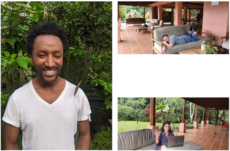 On the left, Research Fellow Asmelash Teka smiles and is looking down. A large moth is on the shoulder of his white v-neck shirt. In the top right, Research Engineer Dylan Baker is smiling and lying face down on a couch in the Casa Luna area with their feet up. In the bottom right, Research Fellow Mila Miceli is sitting on a couch in the Casa Luna with lots of rainforest in the background. She is smiling with both hands up as she’s talking into a laptop.