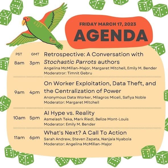 Screenshot of the stochastic parrots day agenda with a green parrot at the top, and the 4 sessions: Retrospective, On worker exploitation, AI hype vs. reality, and what's next? 