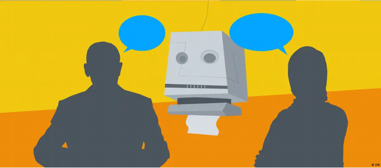 An illustration with 2 silhouettes and speech bubbles looking at what looks like a paper towel dispensor that has 2 holes that look like eyes. Yellow and orange background. This image is in the linked DW article in the discription