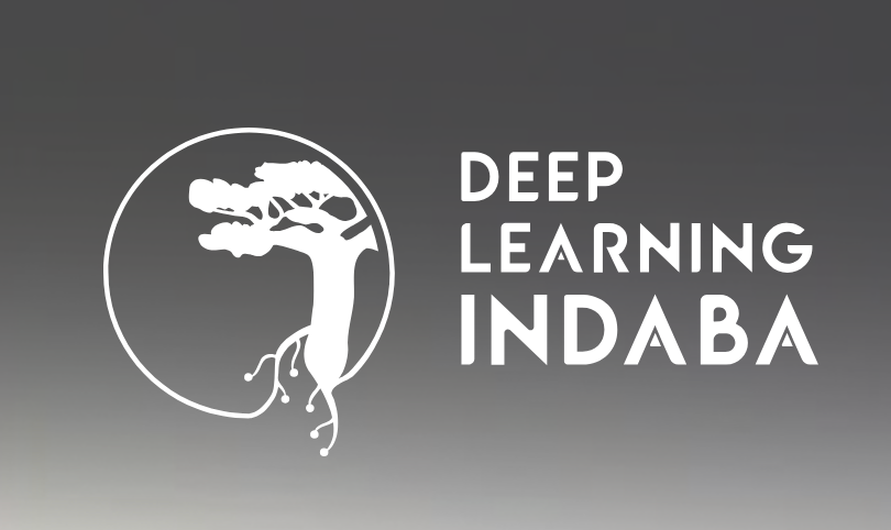 Grayscale logo for the Deep Learning Indaba. The background is a gradient starting with dark gray at the top and fading into light gray at the bottom. In the center is a white silhouette of a tree enclosed by a circle. The tree's roots are reminiscent of computer circuits. The words 'Deep Learning Indaba' are stacked to the right of the tree.
