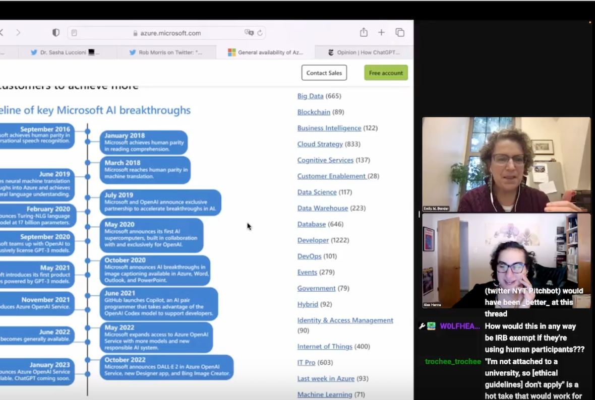 Screenshot of a Zoom meeting with two participants. On the left is a webpage on a shared screen, presenting a "timeline of key Microsoft AI breakthroughs." To the right are the images of the two participants: on the top is Emily M. Bender, a white woman with short-ish curly brown hair. She wears glasses and wears a red shirt. Behind her is a room with a beige wall and a window. On the bottom is Alex Hanna, an Arab woman with medium-length black hair. She is wearing a black top. Behind her is a room with bookshelves on one side and several plants. 