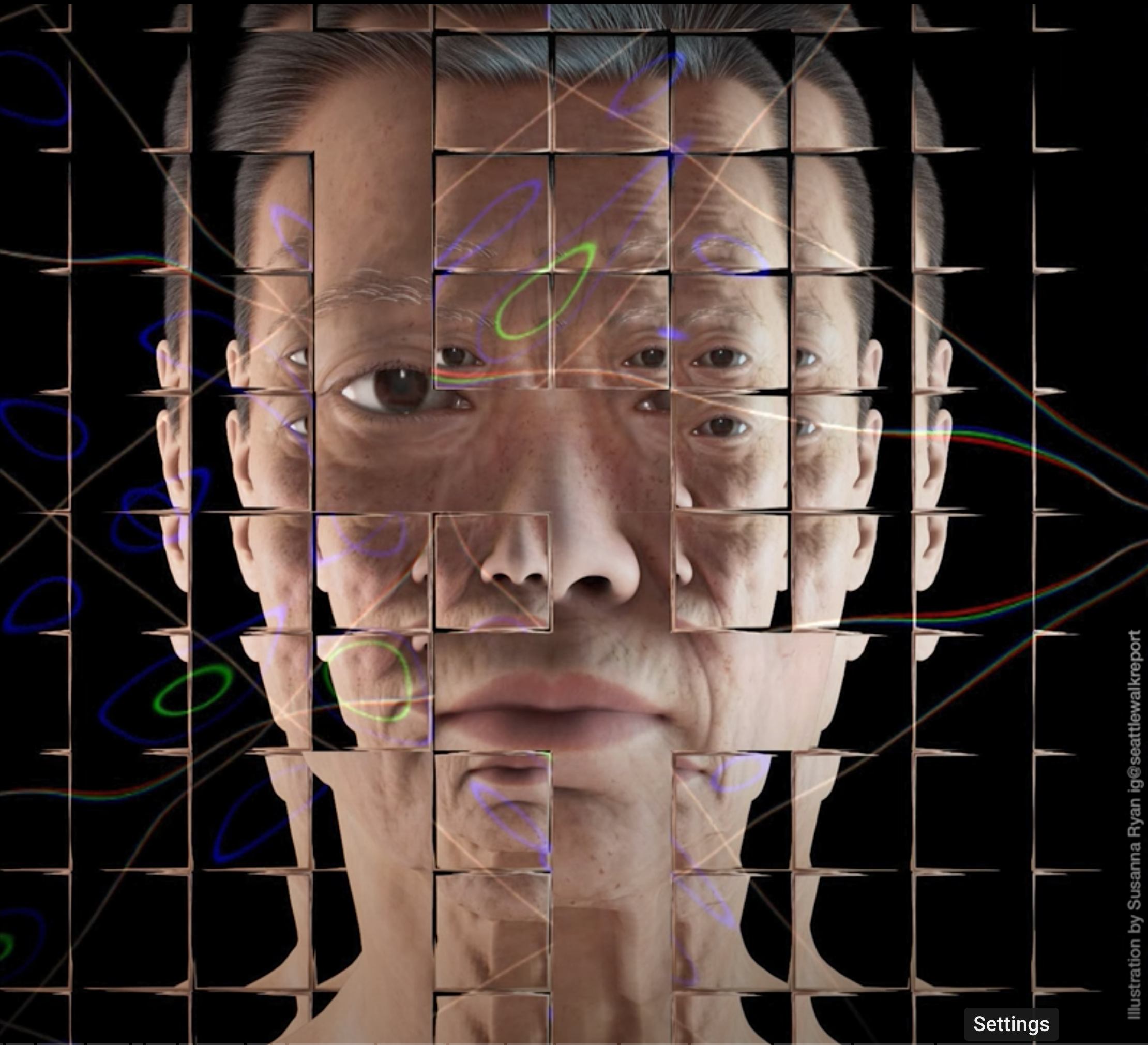 Digital illustration of a man's face in front of a black background. His face is overlaid with a grid that contains portions of the same image, for example his left ear is fractured into six smaller versions of the same ear, and below his mouth are several smaller mouths. On the right side, an artist credit reads, 'Illustration by Susanna Ryan.'