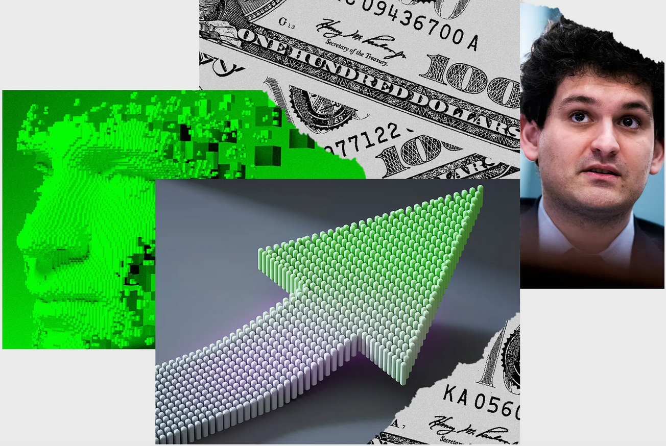 A screenshot of the image from the linked Wired op-ed in the discription. There is a photo of a man wiht a green background, an arrow with a torn bill, 2 100 dollar bills, and then a photo of Sam Bankman-Fried. 