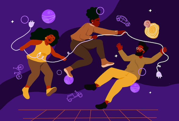 Illustration with people seemingly floating, around a string with a plug. The background is purple with cirles that look like planets, and 2 swirls from the DAIR color pallete, yellow and brown. There are also little sketches of bikes and cars in the background. 