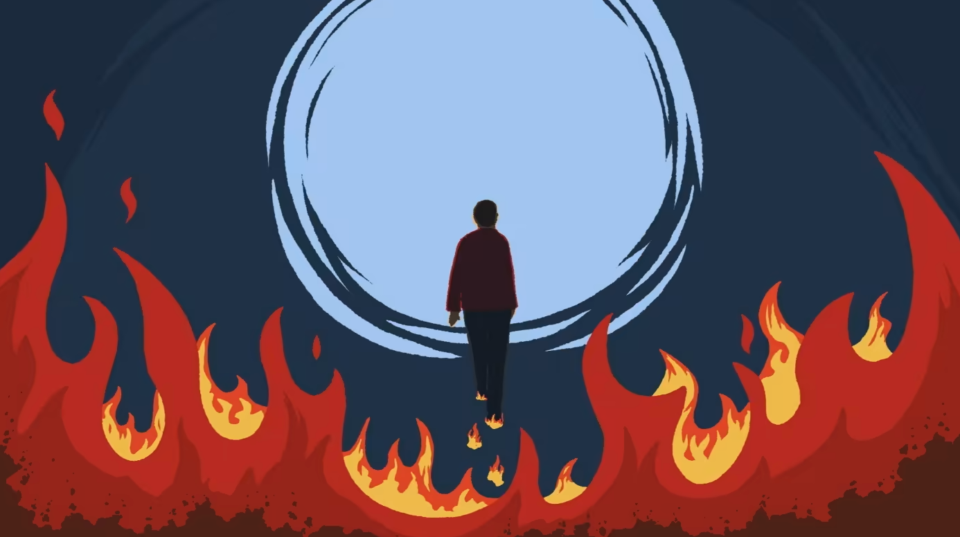 Abstract illustration features a wall of flames along the bottom and up the sides of this image, against a dark blue background. At the center is a pale blue circle that has ripples of darker blue, suggesting water. The vague outline a person appears to be walking toward it, but their footsteps seem to be carrying the flames with them.
