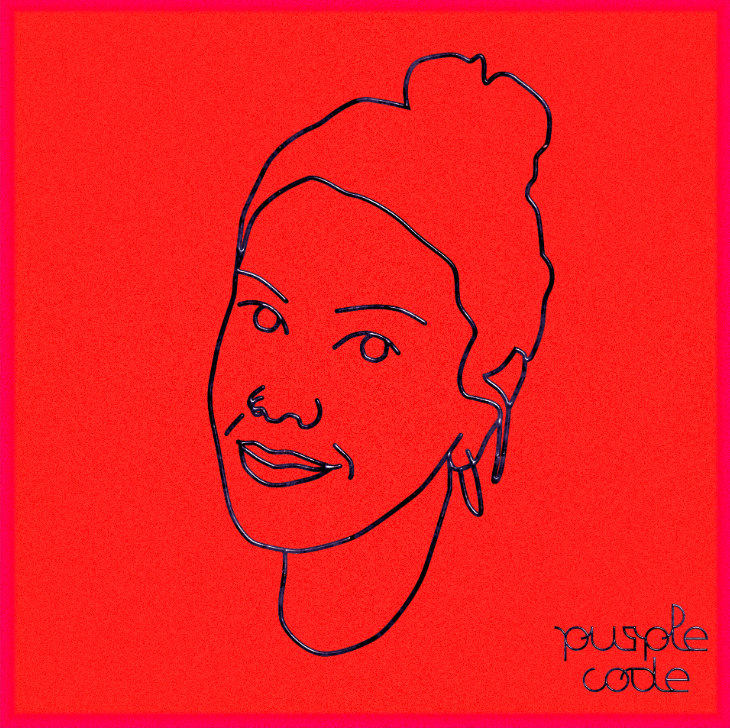 A simple line-based portrait of Milagros Miceli. The outlines are drawn in a black, shiny material that resembles metal. Besides the lines, everything, both inside and outside the portrait, is the same crimson red. Mila's hair is piled on her head in what looks like a pun, and she is smiling faintly. One earring is visible in her right ear, and she is looking to the left. In the lower right, the name of the podcast, Purple Code, is rendered in the same style of line.