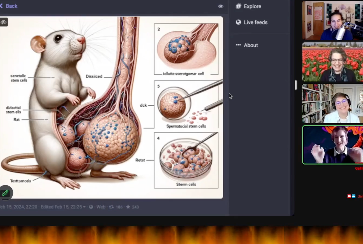 Screenshot of a Zoom meeting. On the left, a screenshared image of a rat from a scientific paper. It has obviously been generated by AI, with a cross-section view of very large penis and the wrong number of testicles, plus AI-generated text with incorrect spellings and weird letter shapes. On the right, the faces of the four meeting participants are different levels of amused. The bottom of the screen is covered in images of flames.