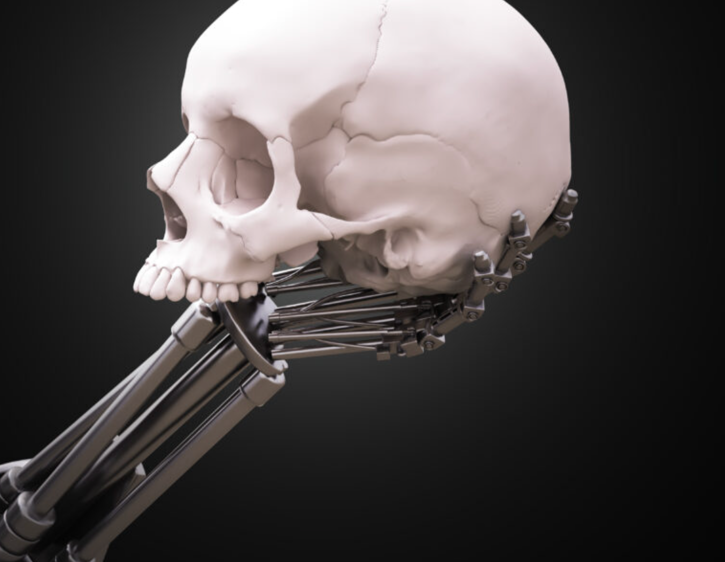 On a black background, image of an articulated metallic arm and hand composed of multiple rods holds a white human skull. The skull faces to the left, the same direction that the arm is emerging from.