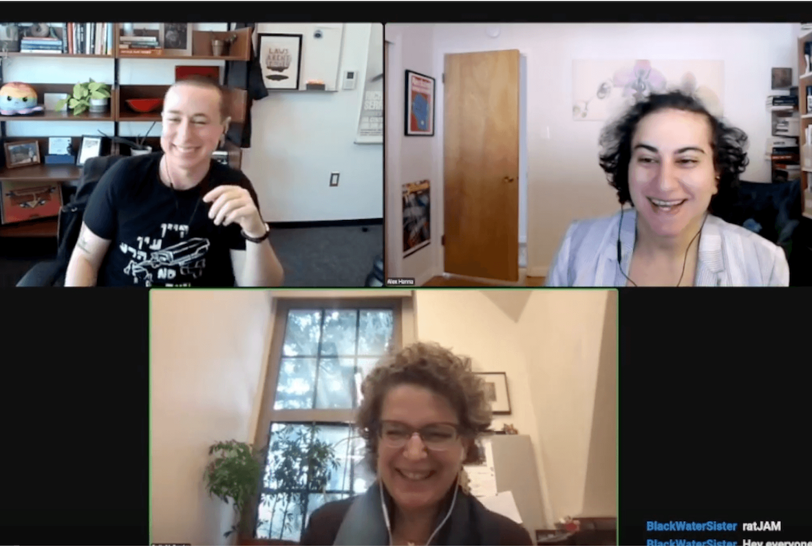 Screenshot of a Zoom meeting with three participants. On the bottom center is Emily M. Bender, a white woman with short-ish curly brown hair. She wears glasses and a dark top. Behind her is a room with a beige wall and a window to the outdoors. On the top right is Alex Hanna, an Arab woman with medium-length black hair. She is wearing a pastel and white top. Behind her is a room with bookshelves on one side and several plants. On the top left is Kendra Albert, a white nonbinary person with very short-cut brown hair. They are wearing a black t-shirt with white print, and sit in a room with bookshelves behind them. 