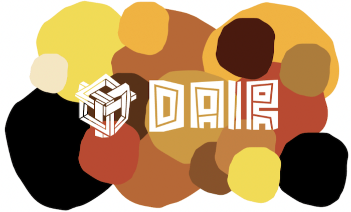 The DAIR logo in white and our color pallete (yellow, black, brown, orange)