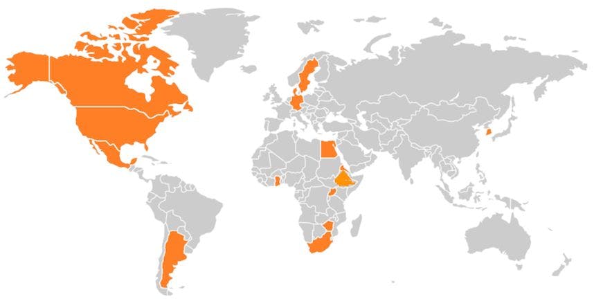 A map of the world showing the 14 countries the DAIR team is from and resides in: Canada, US, Argentina, Ghana, Egypt, Eritrea, Ethiopia, Kenya, South Africa, Lessotho, Zimbabwe, Sweden, Germany