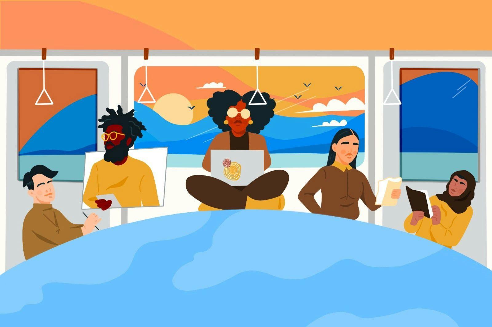 Illustration of five people sitting around a round, light blue table. Behind them are what looks like the walls of a bus, with hanging straps for passengers to grip, and a view of a sunset over mountains. The people represent a variety of skin tones, ethnicities and backgrounds: two are Black, one woman wears a hijab, and they are performing activities such as reading, working on a laptop, and conversing with each other.