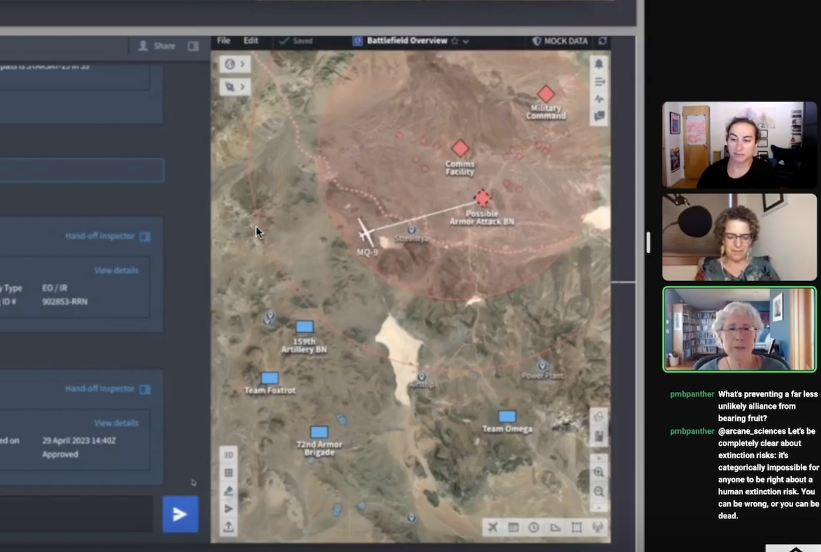 Screenshot of a Zoom meeting with three participants. On the left is a screenshared mage that appears to be a satellite map of terrain with multiple points labelled in different colors. An image of an airplane is connected to one point by a drawn-on white line. On the right are the thumbnails of the participants.  In the center is Emily Bender, a white woman with short-ish curly brown hair. She wears glasses, earrings, and a green top. Behind her is a room with beige walls and a window with closed blinds. On the top panel is Alex Hanna, an Arab woman with her black, curly hair pulled back. She is wearing a black top. Behind her is a room with multiple pieces of art on the walls. On the bottom panel is Lucy Suchman, a white woman with short white hair. She is wearing glasses and a green top. Behind her is a room with green walls and bookshelves behind her.